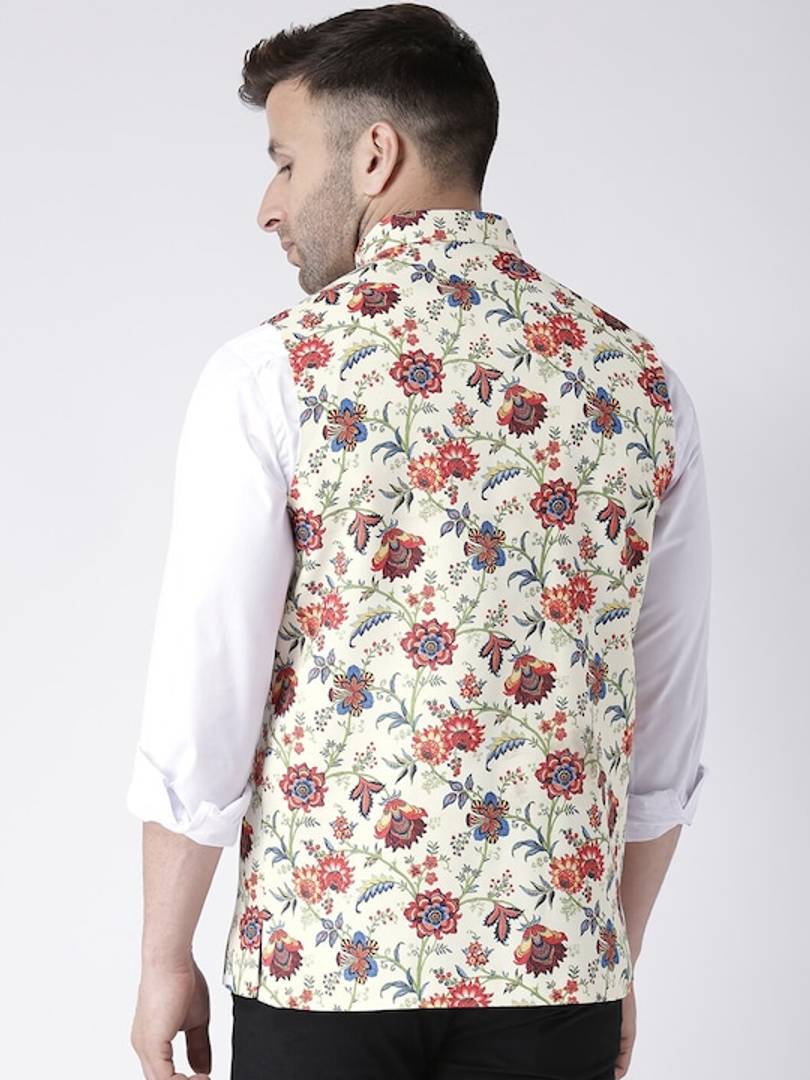 Men's Off White Viscose
 Printed Nehru Jackets